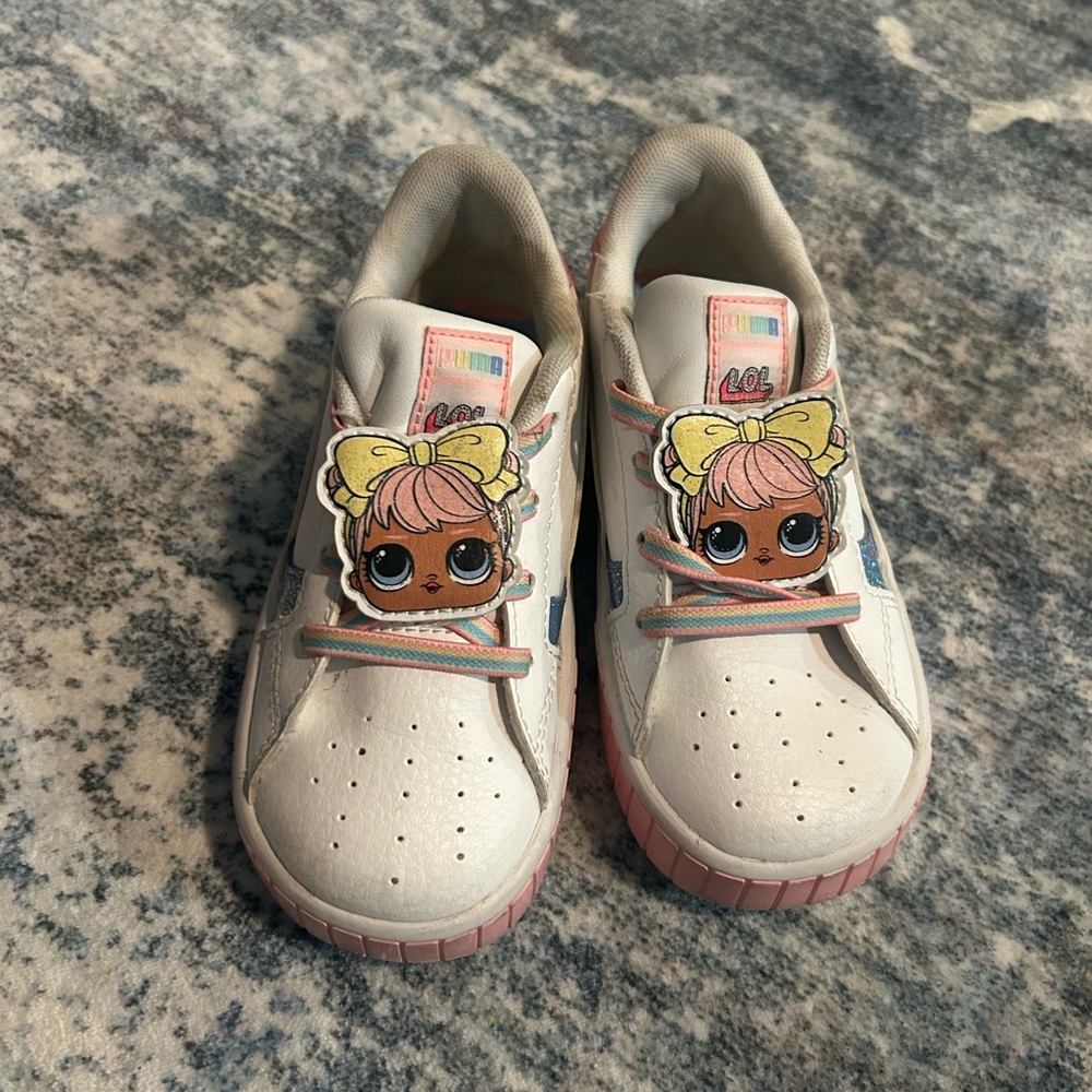 Puma Kids White Sneakers with Pink Trim and Rainbow Laces